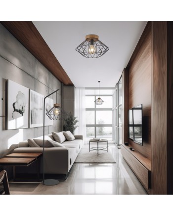 PLAFON ANTIBES NEGRO Y MADERA 1 X 60W E-27