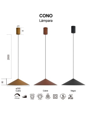 CONO * COLGANTE LED 10W - CUERO - 30 CM - DIMABLE TRIAC