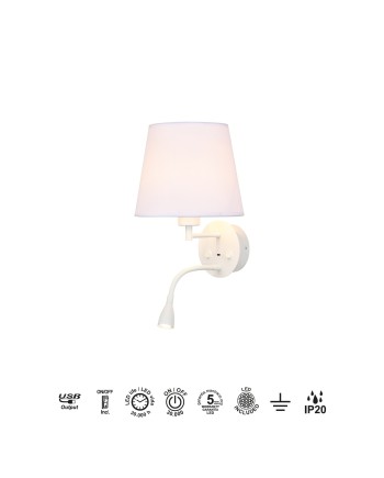 CAICOS * APLIQUE BLANCO 1L E27+ LECTOR LED 3W 3000K + TYPE-C CHARGER