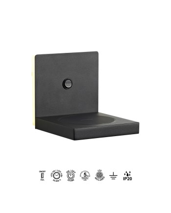 ZANZIBAR * APLIQUE LED NEGRO 3000k 3W CON CARGADOR MOVIL INDUCCION