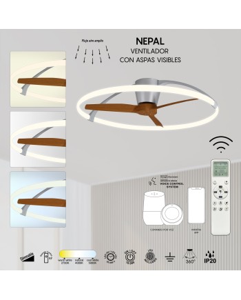 NEPAL * VENTILADOR PLATA/NOGAL LED CON MANDO