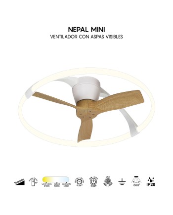 NEPAL MINI * VENTILADOR BLANCO/MADERA LED CON MANDO