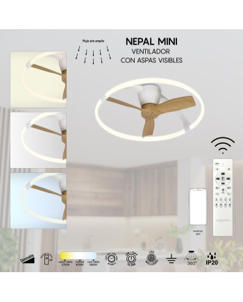 NEPAL MINI * VENTILADOR BLANCO/MADERA LED CON MANDO