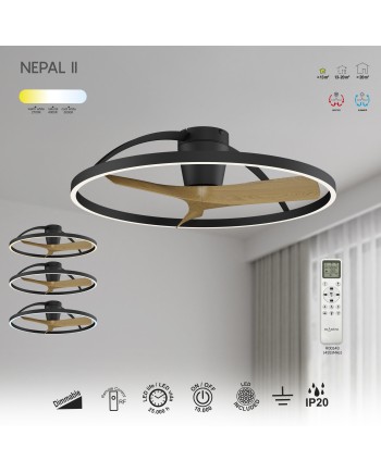 NEPAL II * VENTILADOR / PLAFÓN LED - NEGRO+MADERA