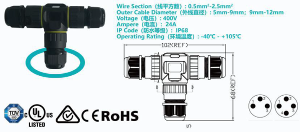 OUTDOOR PARTS CONEXIÓN IP68 3 POLE T-SPLITTER